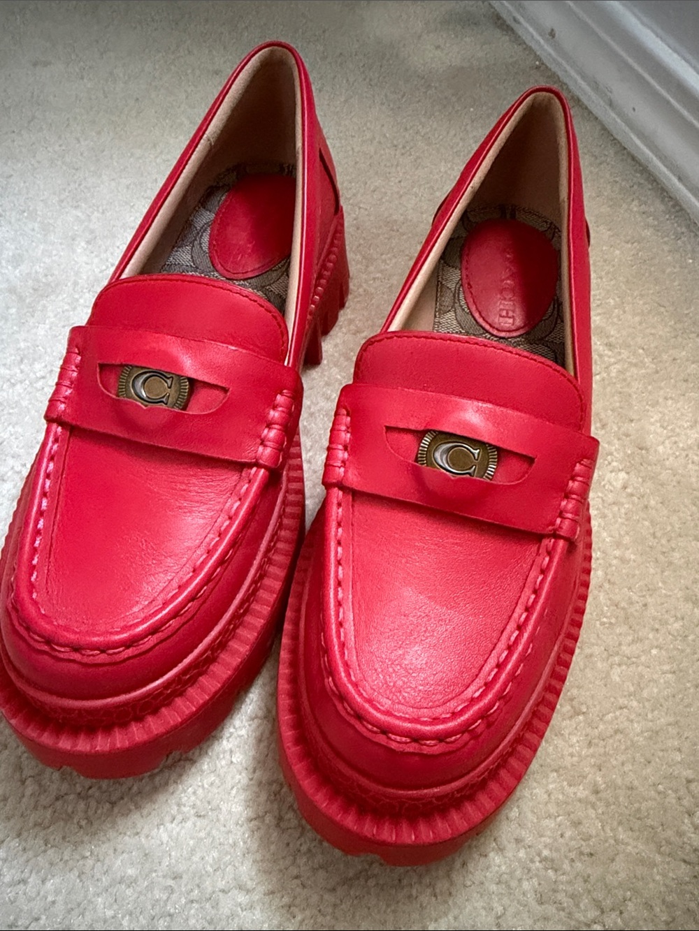 Coach Red Leather Penny Loafers with Signature C Accent sz 7 worn once